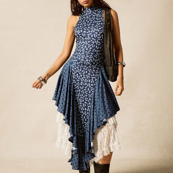 Boho Multicolor Women's Sexy Lace detail floral print Dress - Picture 6 of 8